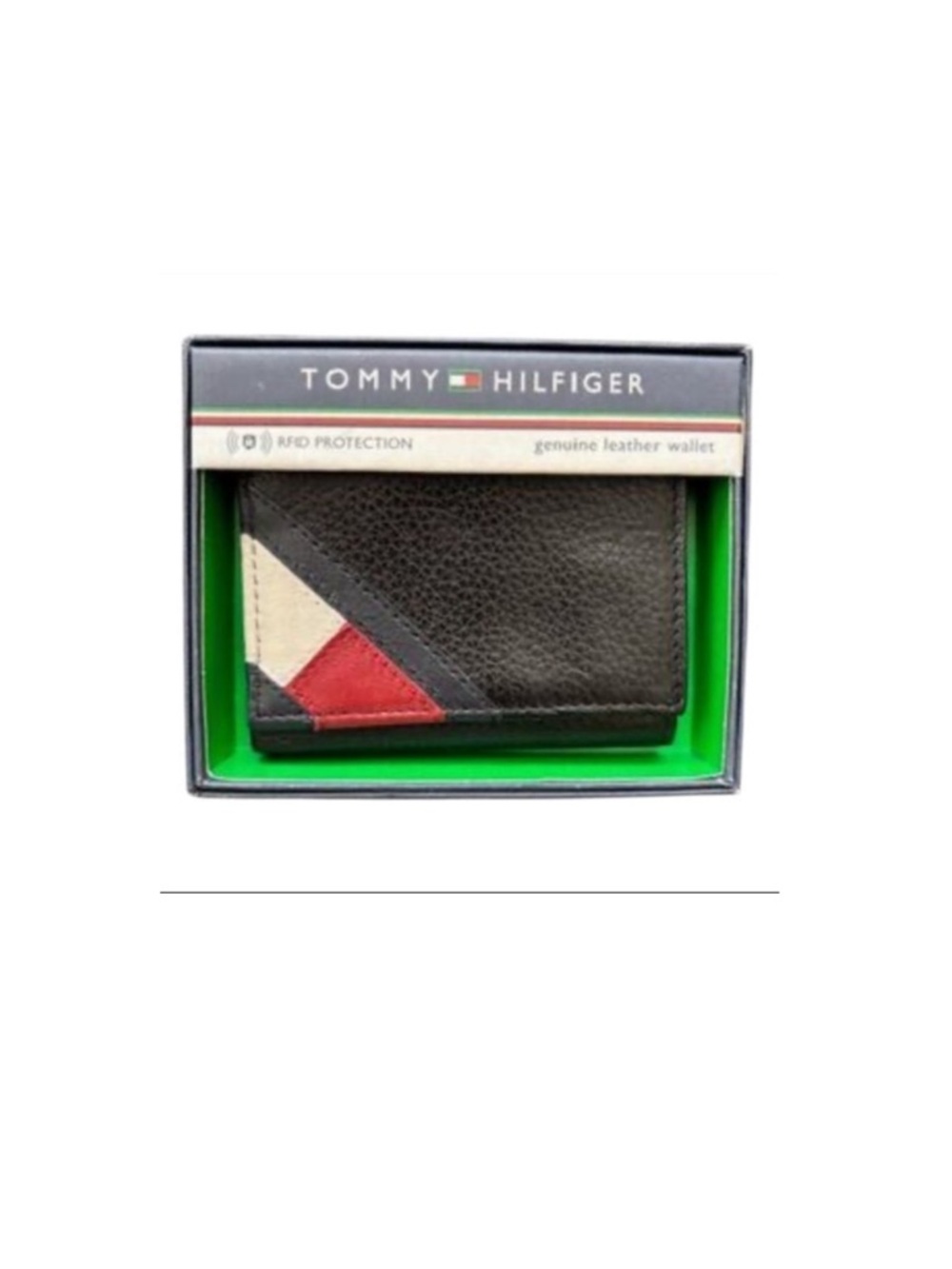 Tommy Hilfiger Trifold Wallet Mens Black Leather Orson II Angled Flag Gift Box